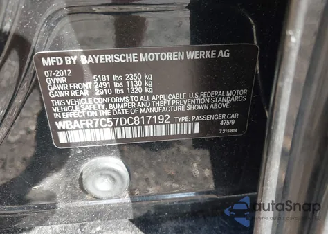 2013 BMW 535I z USA, uszkodzony, nr VIN WBAFR7C57DC817192